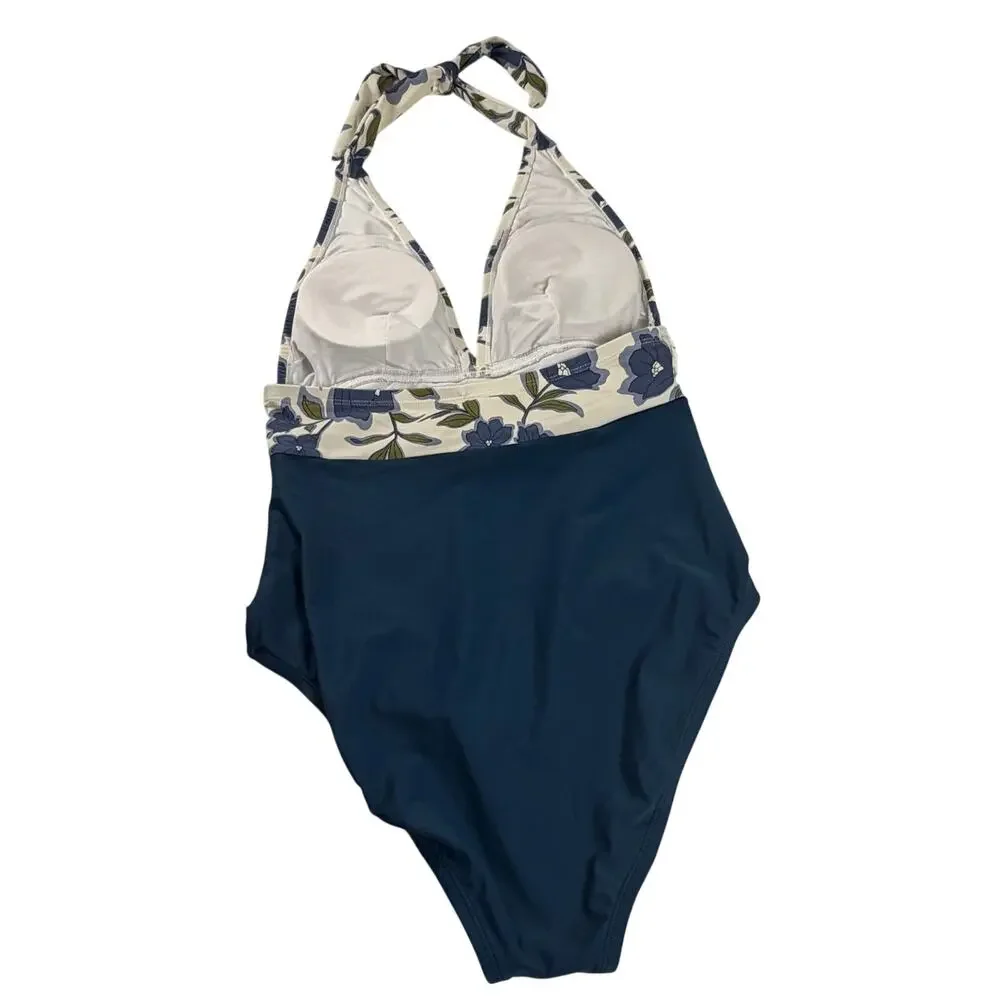 CUPSHE Floral Halter One-Piece Swimsuit Navy Blue Cream NEW Size M D/DD Bust